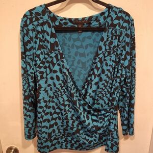 Apostrophe Stretch Women's Dark Print Faux Wrap Career Top Sz XL Casual Y2K